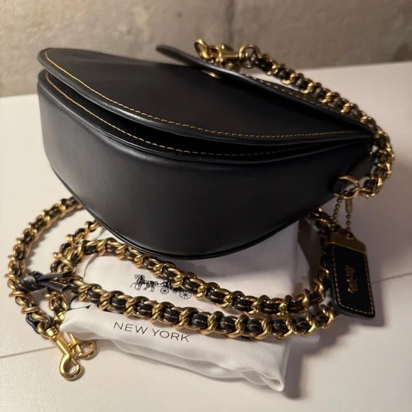 COACH 1941 Turnlock Saddle Crossbody Bag in Black Leather & Metal Braided Strap - Picture 9 of 14